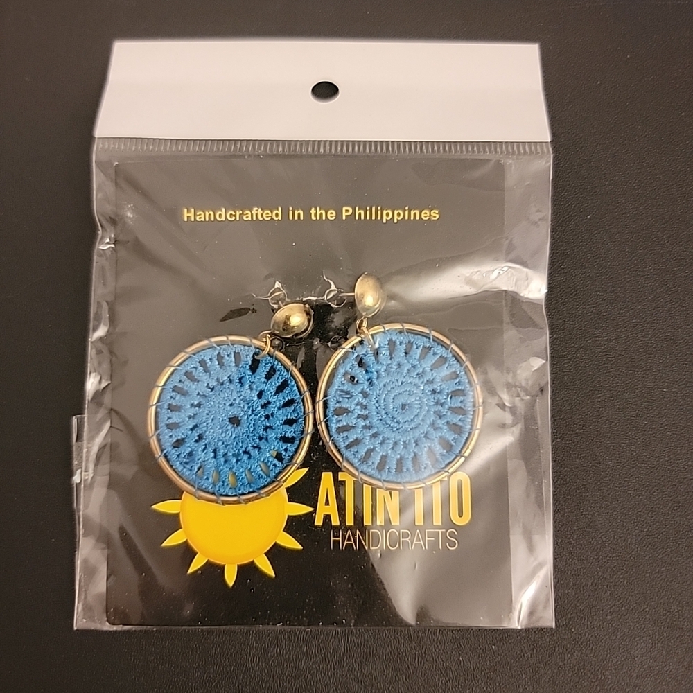 Crochet Earrings Round Blue Handmade Phillipines, Brand New Boho Chic Retro